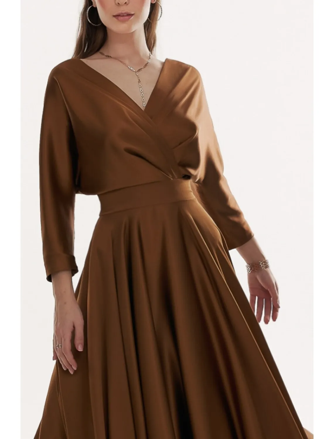 A-Line Evening Gown Elegant Dress Formal Fall Sweep / Brush Train 3/4 Length Sleeve V Neck Satin with Pleats