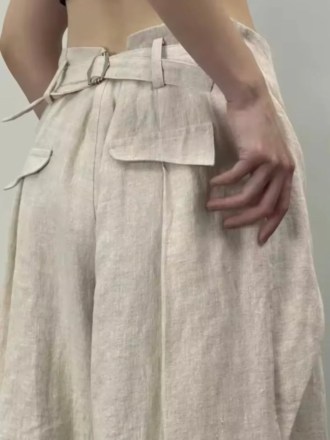 Beige pleats loose wide linen pants