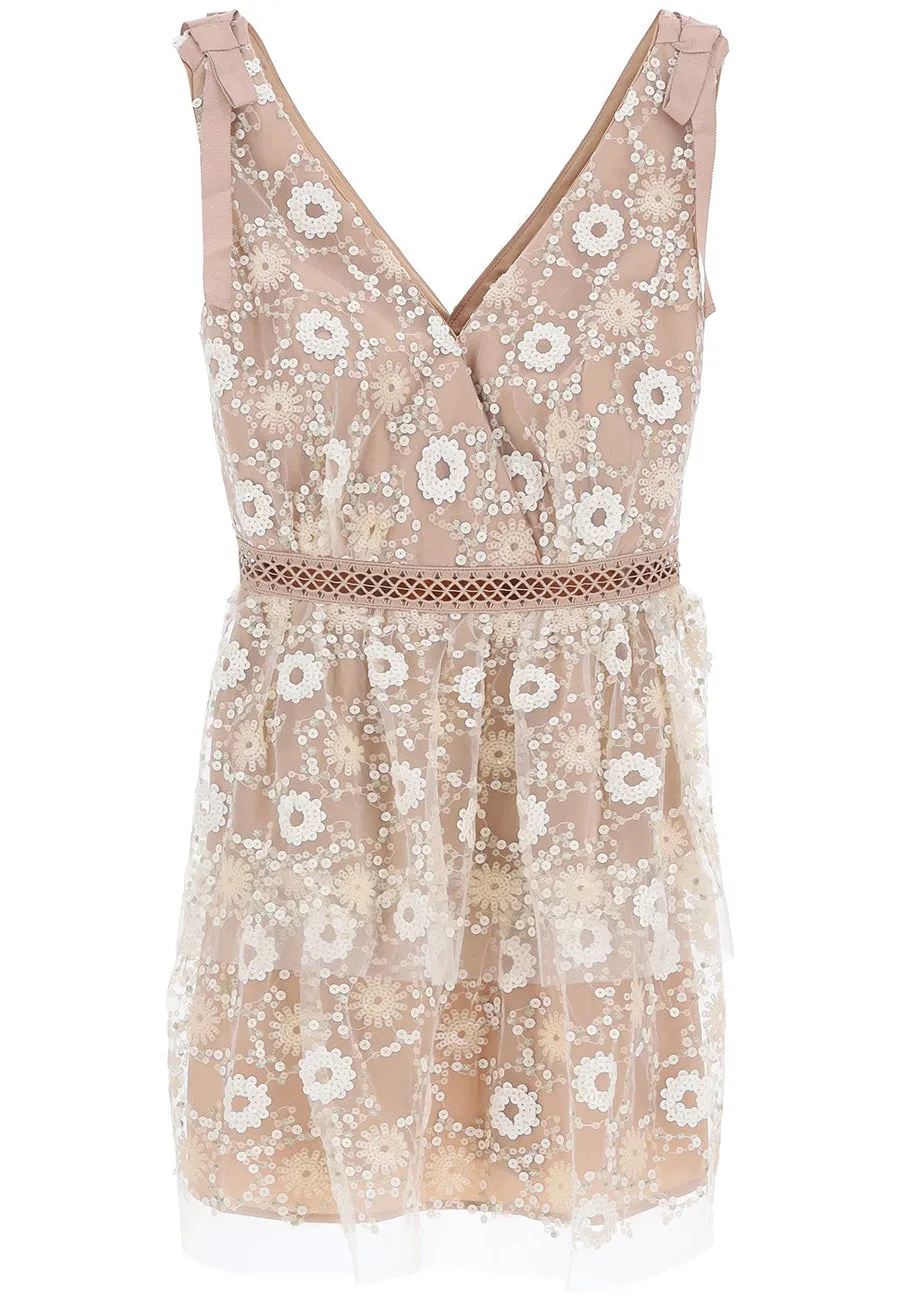 Beige Sequins Flowers Mini Dress