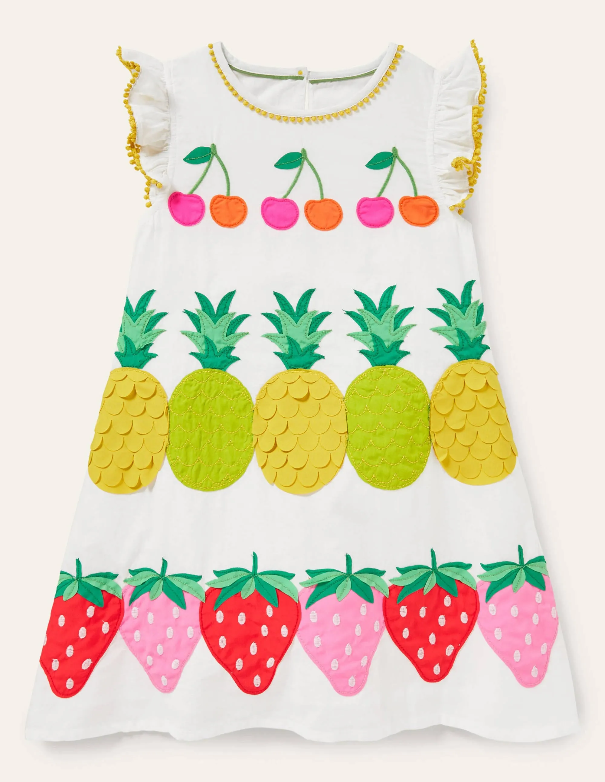 Big Appliqué Woven Dress-White Fruit