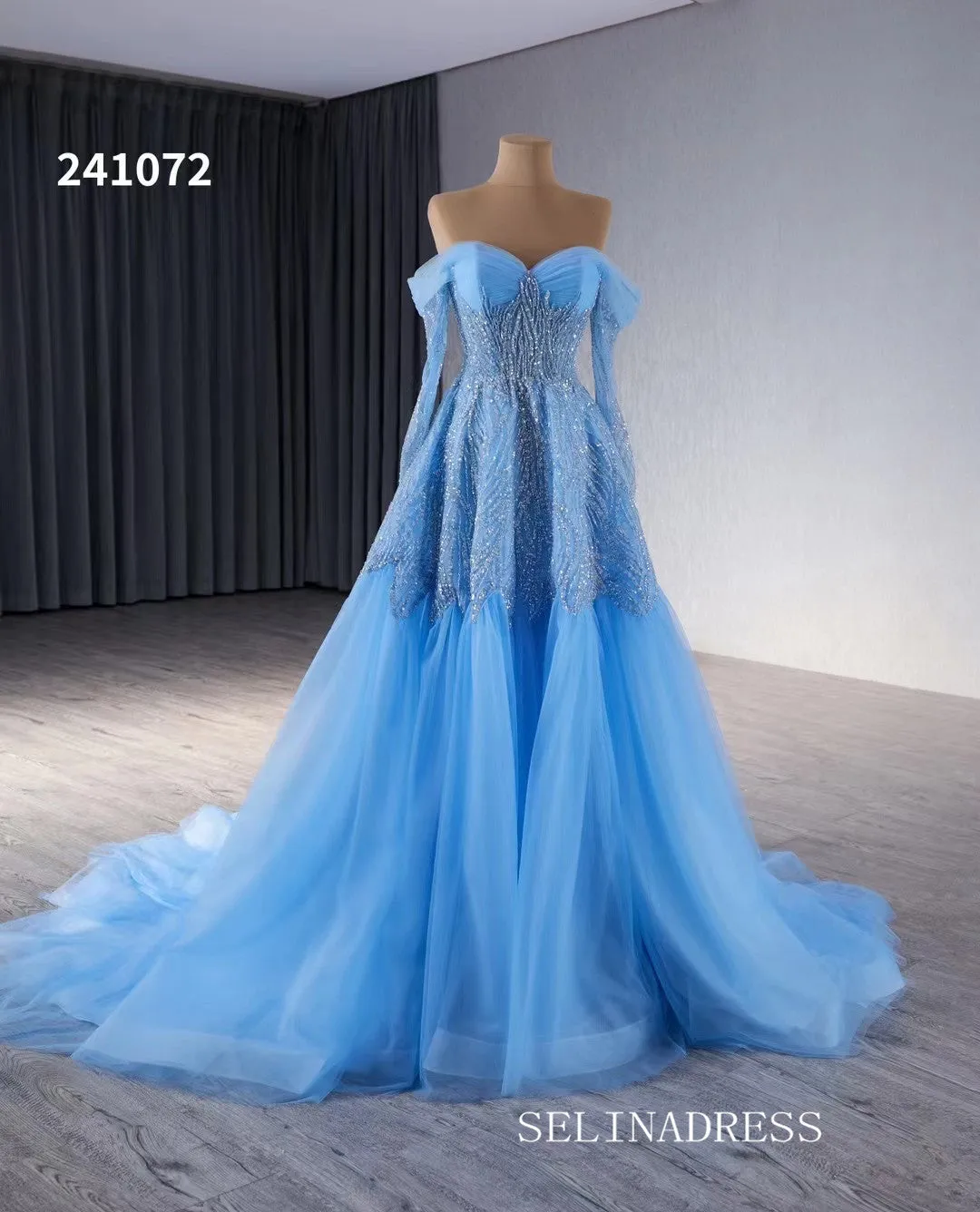 Blue Luxury Beaded Long Formal Dresses Long Sleeve Evening Dress 241072