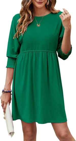 Bluetime Womens Summer Tunic Dress Crew Neck Casual 3/4 Sleeve Short Babydoll Loose Flowy Dresses