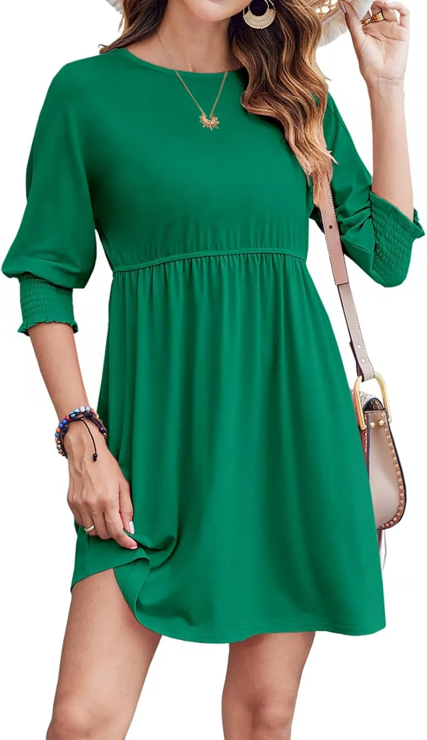 Bluetime Womens Summer Tunic Dress Crew Neck Casual 3/4 Sleeve Short Babydoll Loose Flowy Dresses
