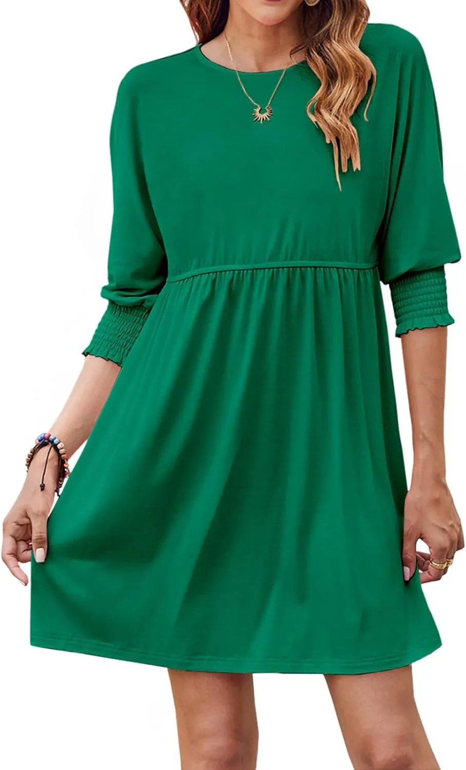 Bluetime Womens Summer Tunic Dress Crew Neck Casual 3/4 Sleeve Short Babydoll Loose Flowy Dresses