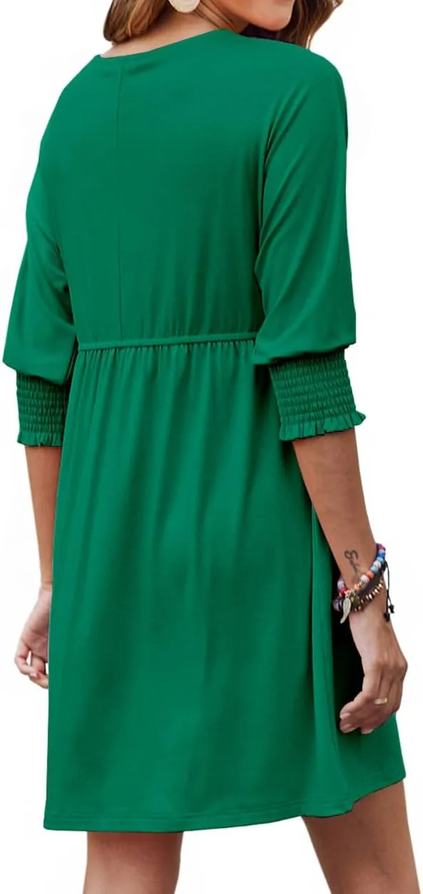 Bluetime Womens Summer Tunic Dress Crew Neck Casual 3/4 Sleeve Short Babydoll Loose Flowy Dresses