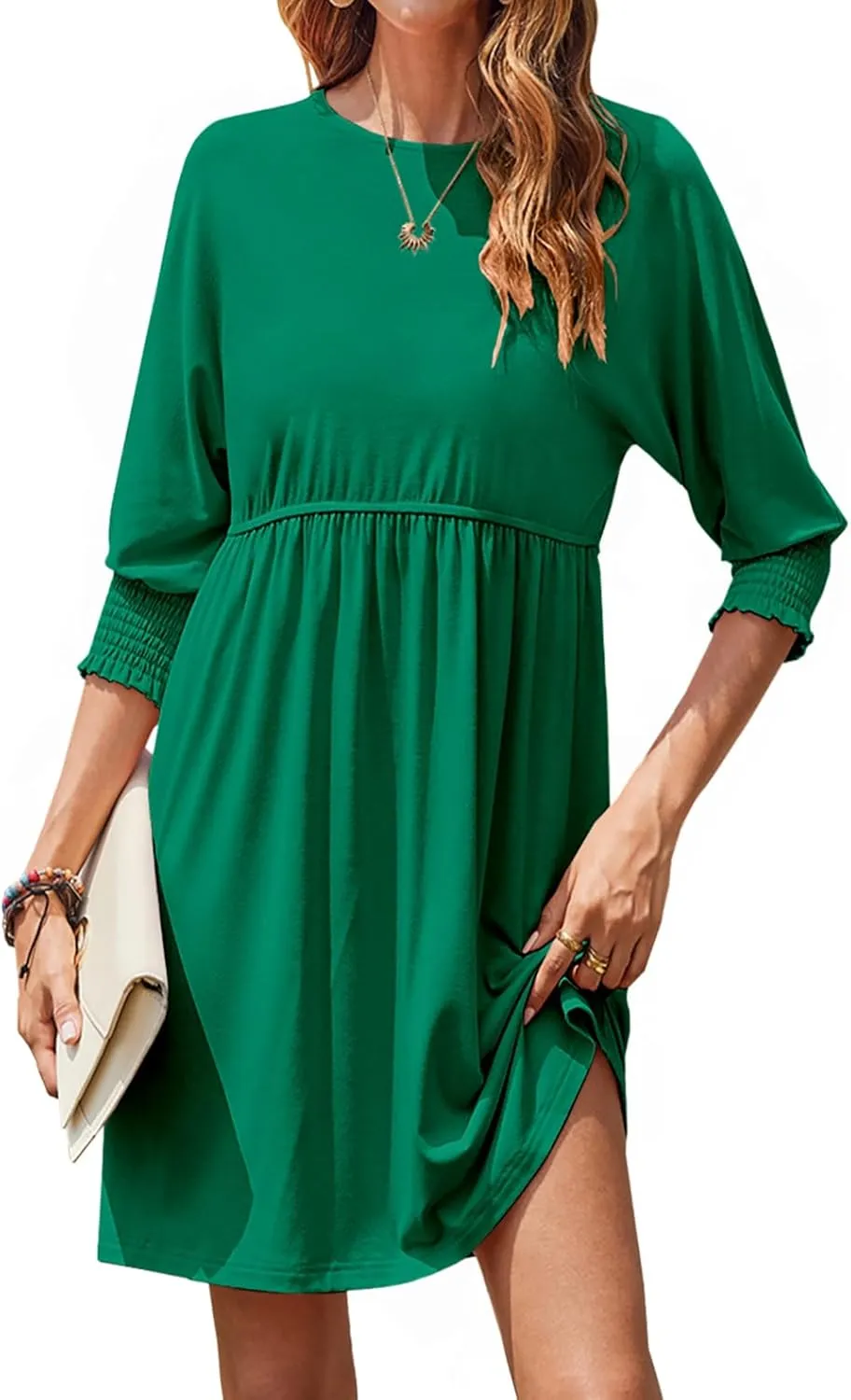 Bluetime Womens Summer Tunic Dress Crew Neck Casual 3/4 Sleeve Short Babydoll Loose Flowy Dresses