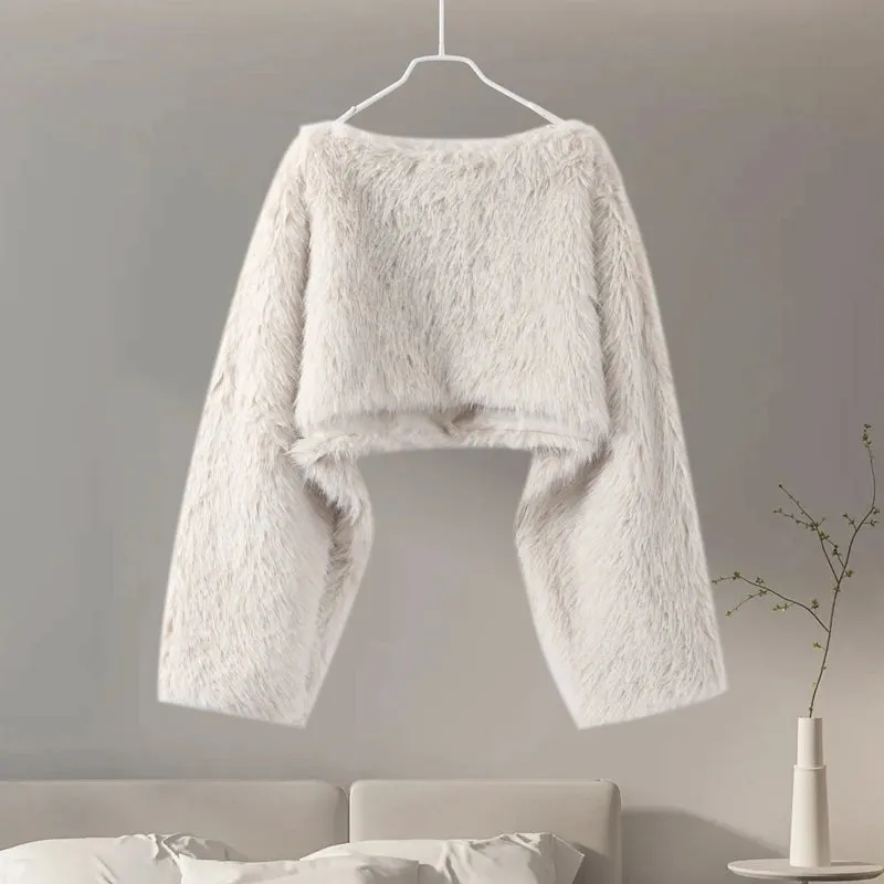 Elegant Faux fur Crop Top long sleeve fluffy faux fur top