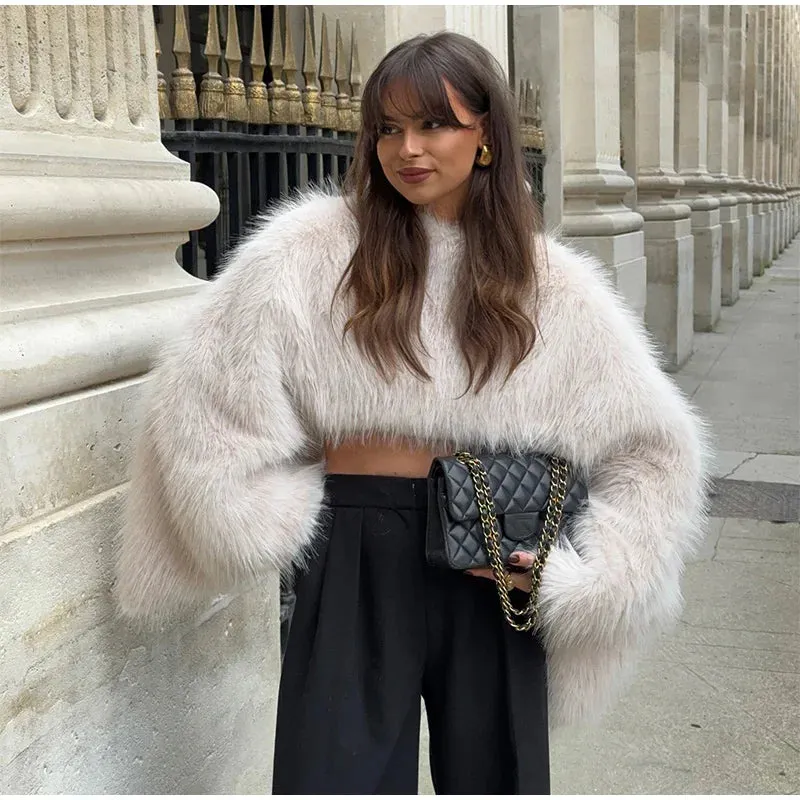 Elegant Faux fur Crop Top long sleeve fluffy faux fur top