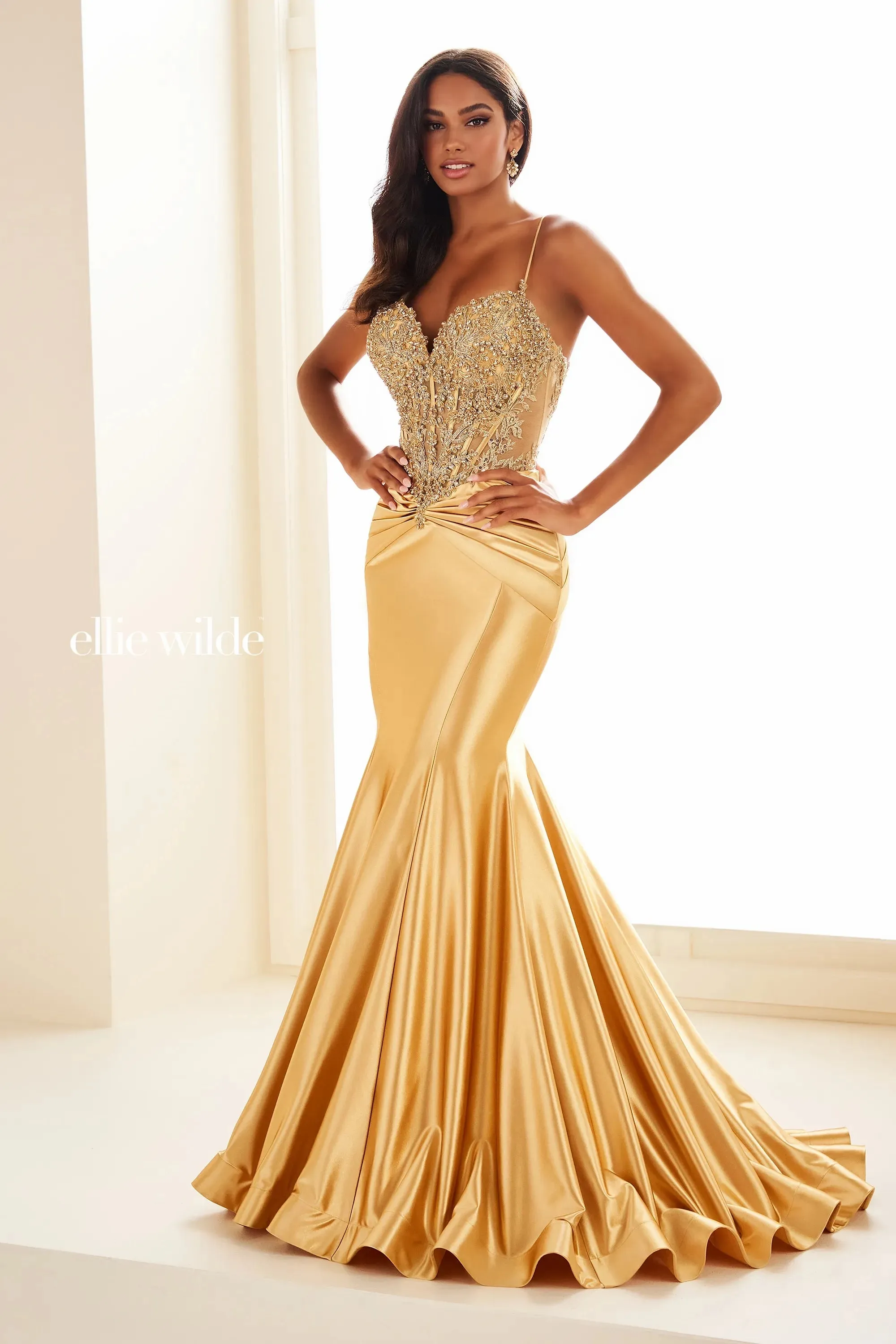 Ellie Wilde EW36004 Size 0,2 Sea Glass Sheer Sequin Lace Mermaid Prom Dress Pageant Gown Train Formal evening gown