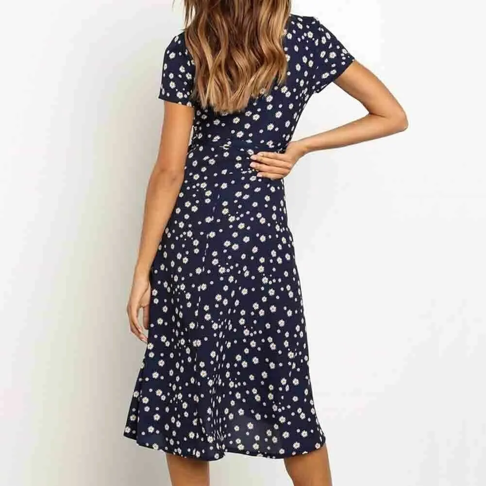 FashionSierra - Women Boho Summer Short Sleeve High Waist Midi Dress Fashion Floral V-Neck Casual Party Beach Sundress Holiday