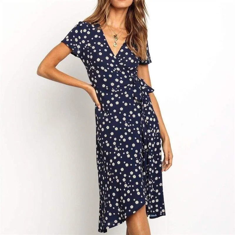 FashionSierra - Women Boho Summer Short Sleeve High Waist Midi Dress Fashion Floral V-Neck Casual Party Beach Sundress Holiday