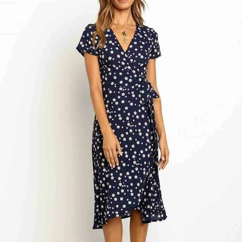 FashionSierra - Women Boho Summer Short Sleeve High Waist Midi Dress Fashion Floral V-Neck Casual Party Beach Sundress Holiday