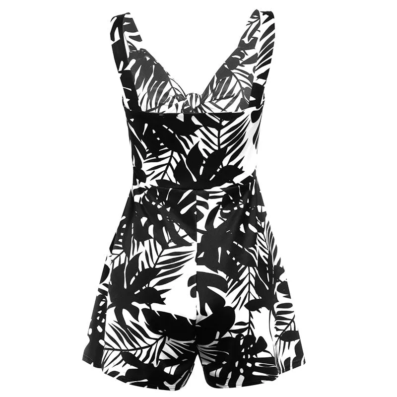 Female Sexy Playsuit print sexy V-neck short jumpsuit women loose casual beach romper