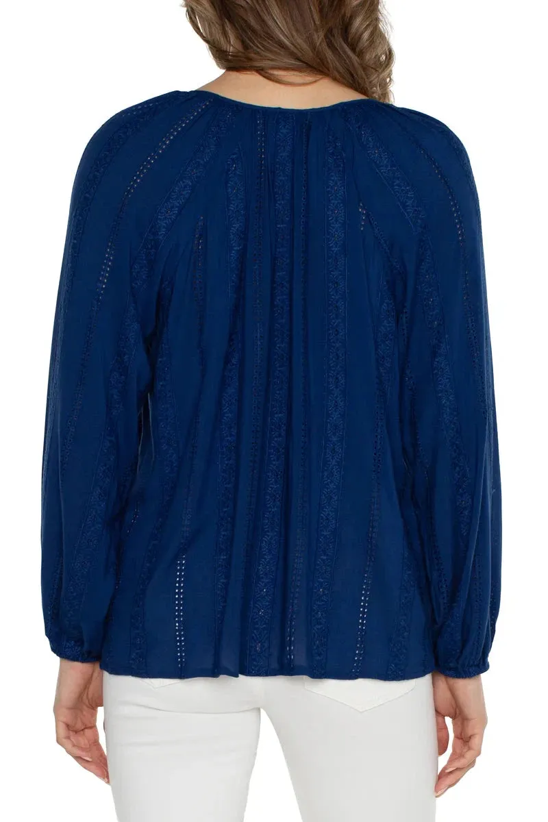Liverpool Embroidered Shirred Blouse With Neck Ties In Night Sky Blue