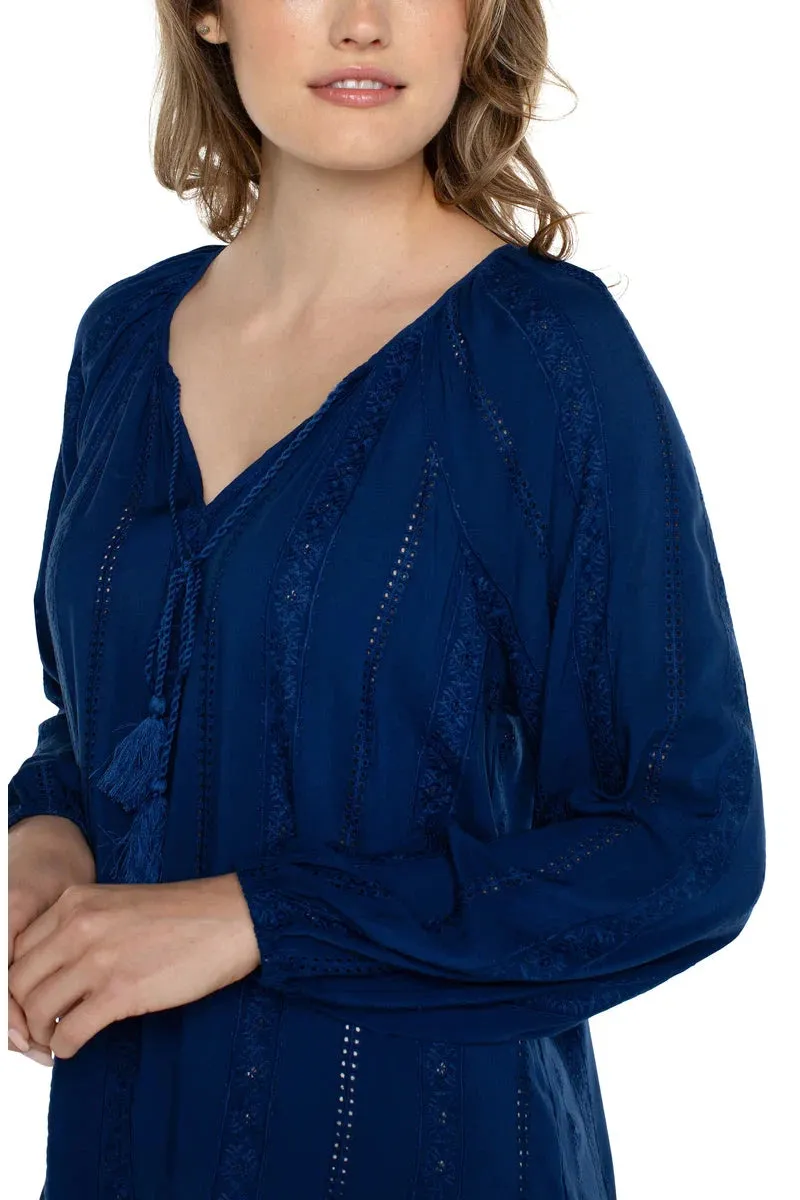 Liverpool Embroidered Shirred Blouse With Neck Ties In Night Sky Blue