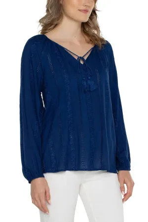 Liverpool Embroidered Shirred Blouse With Neck Ties In Night Sky Blue