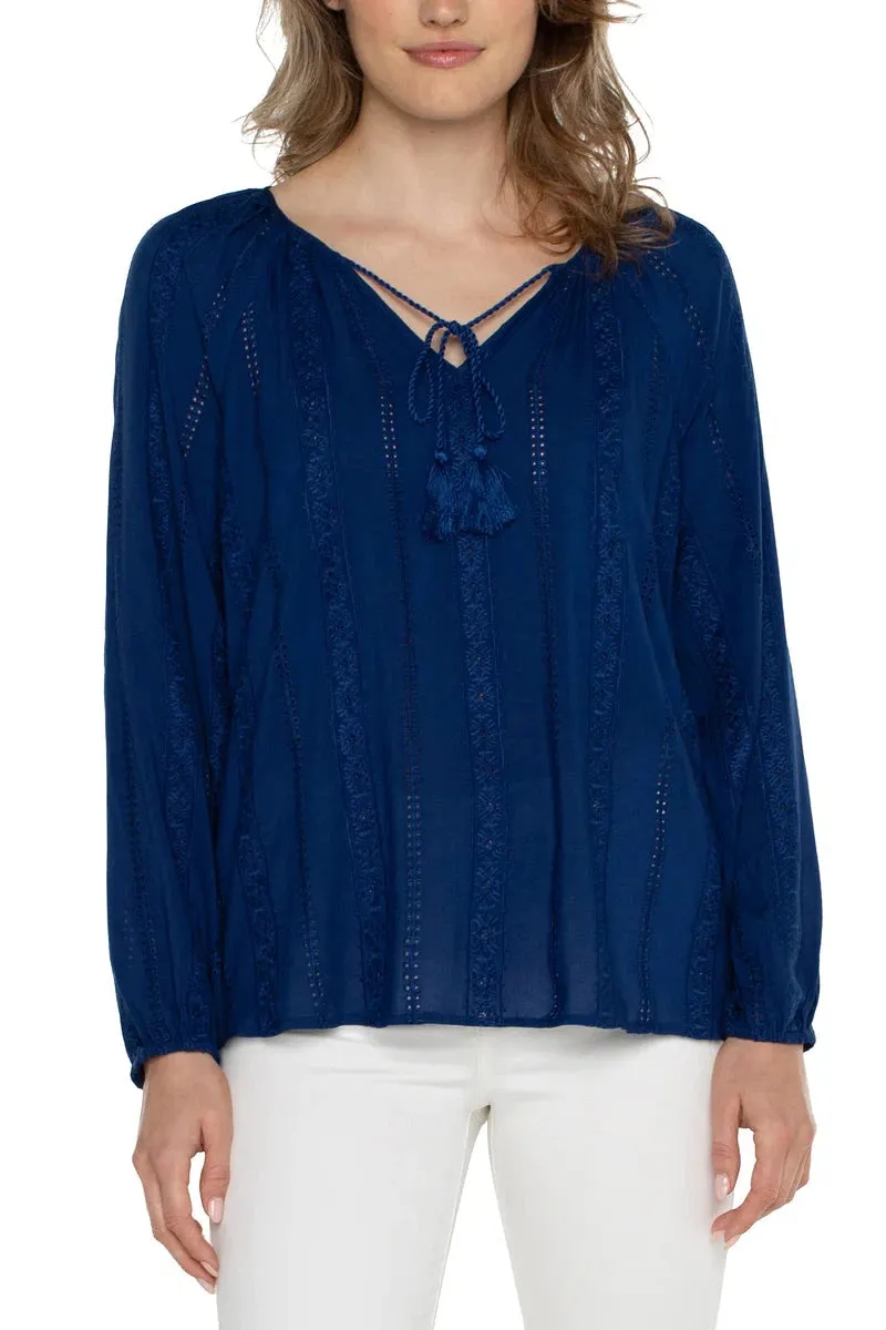Liverpool Embroidered Shirred Blouse With Neck Ties In Night Sky Blue