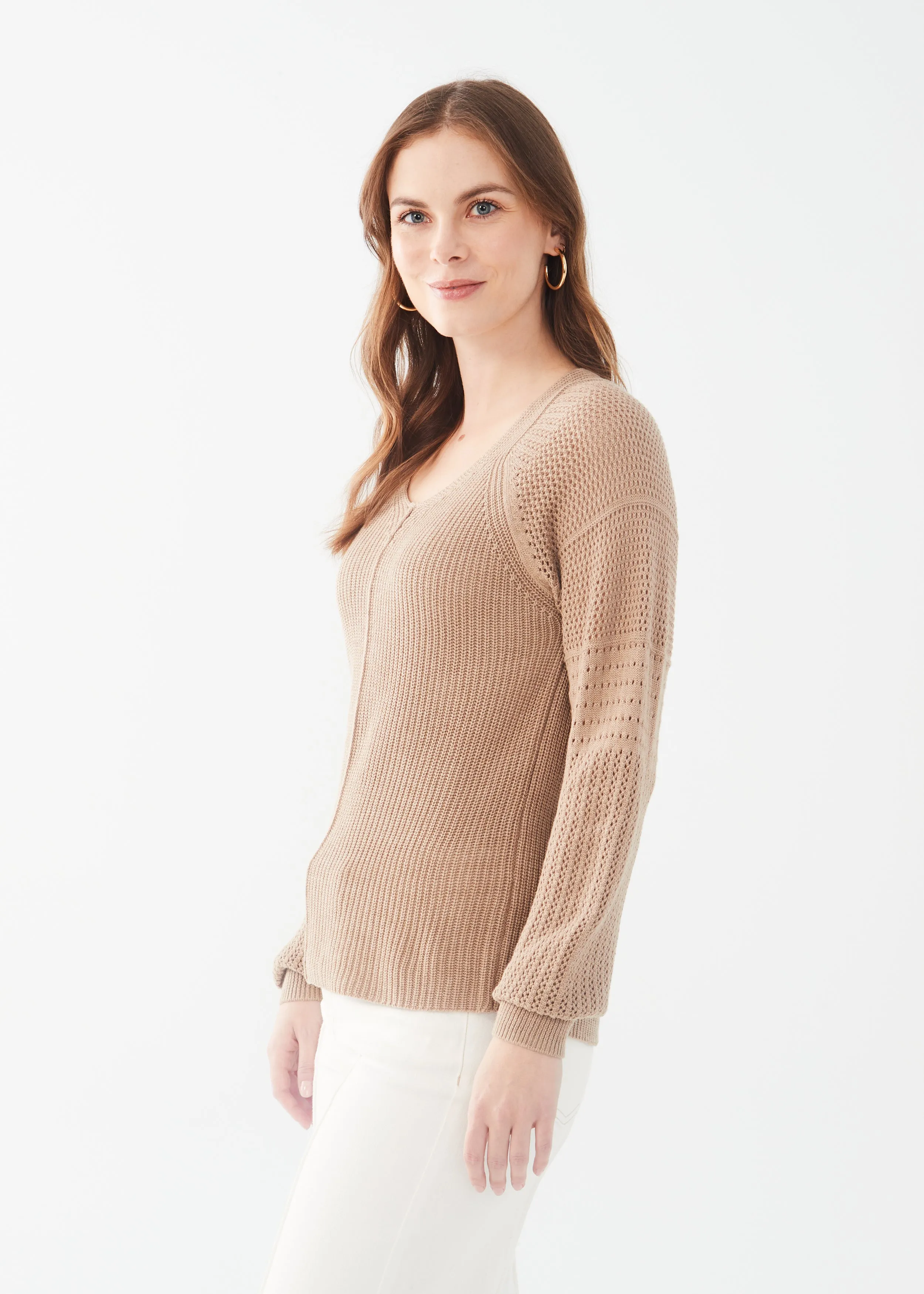 Long Pointelle Sleeve V-Neck Sweater