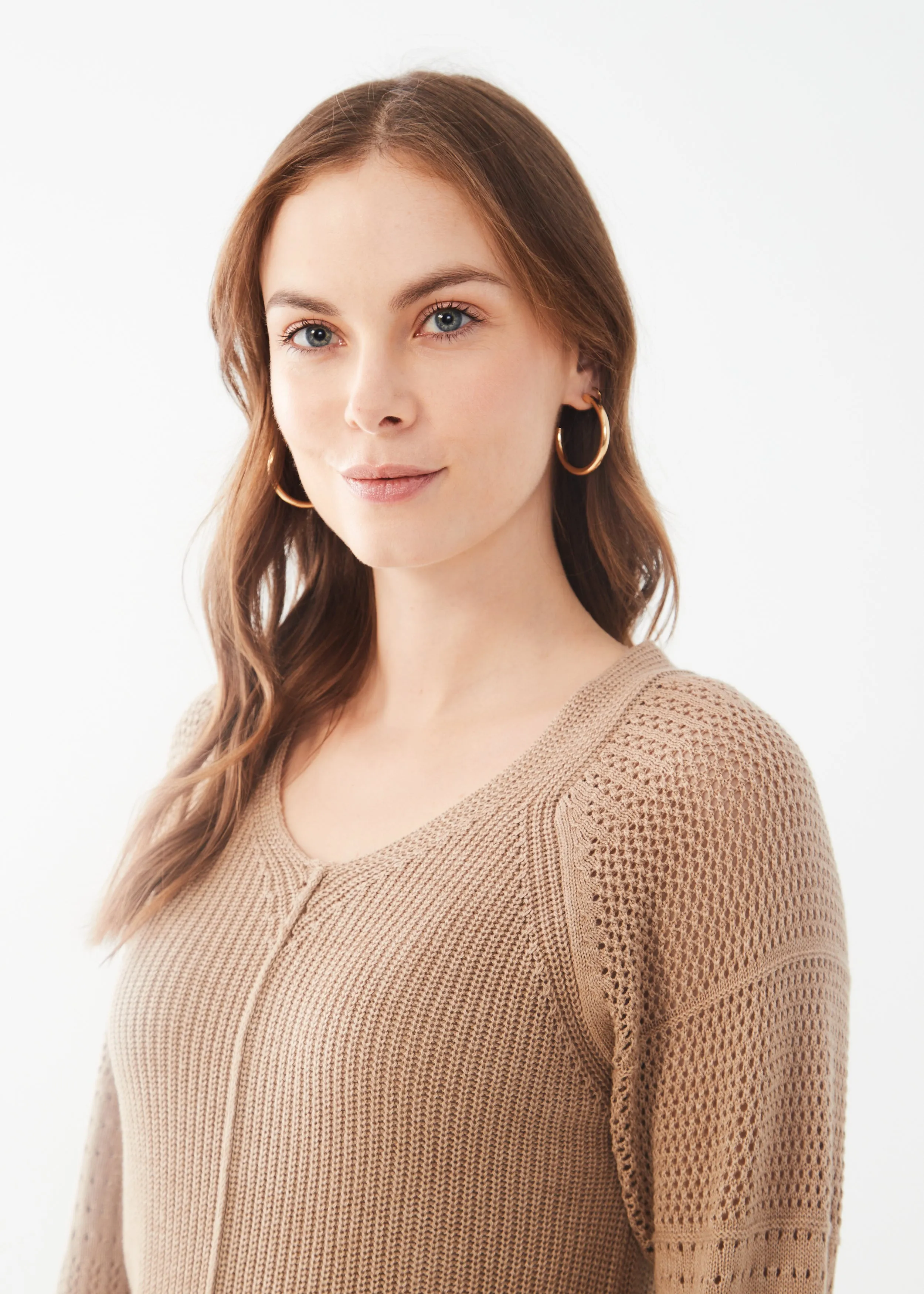 Long Pointelle Sleeve V-Neck Sweater