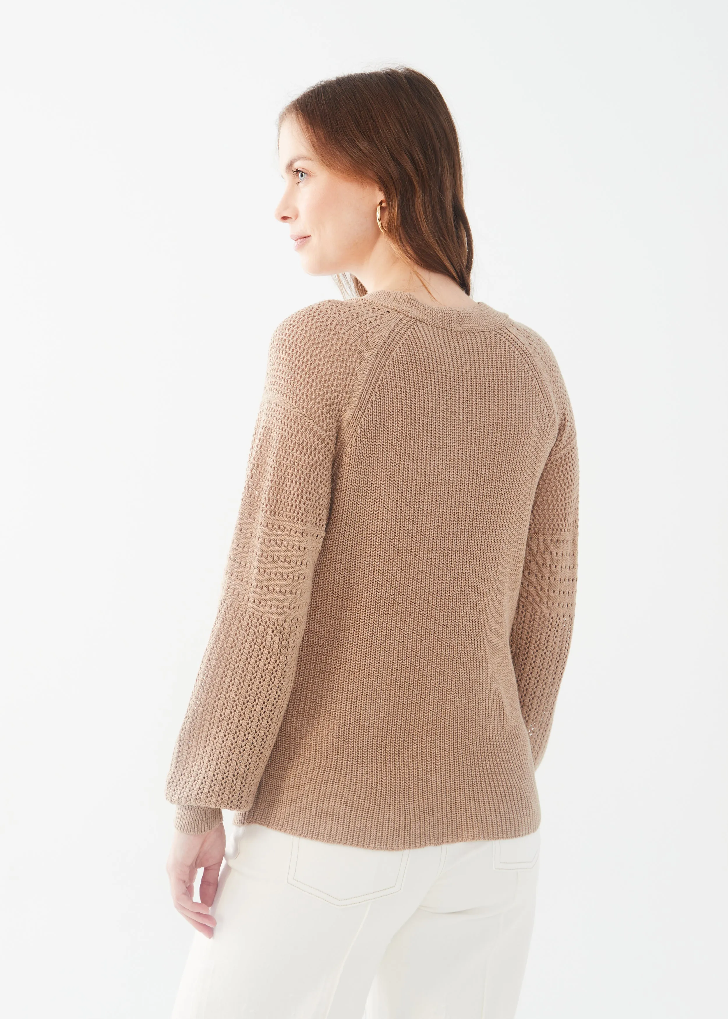 Long Pointelle Sleeve V-Neck Sweater