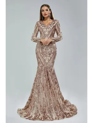 Mermaid / Trumpet Evening Gown Sparkle & Shine Dress Carnival Formal Court Train Long Sleeve V Neck African American Lace with Sequin