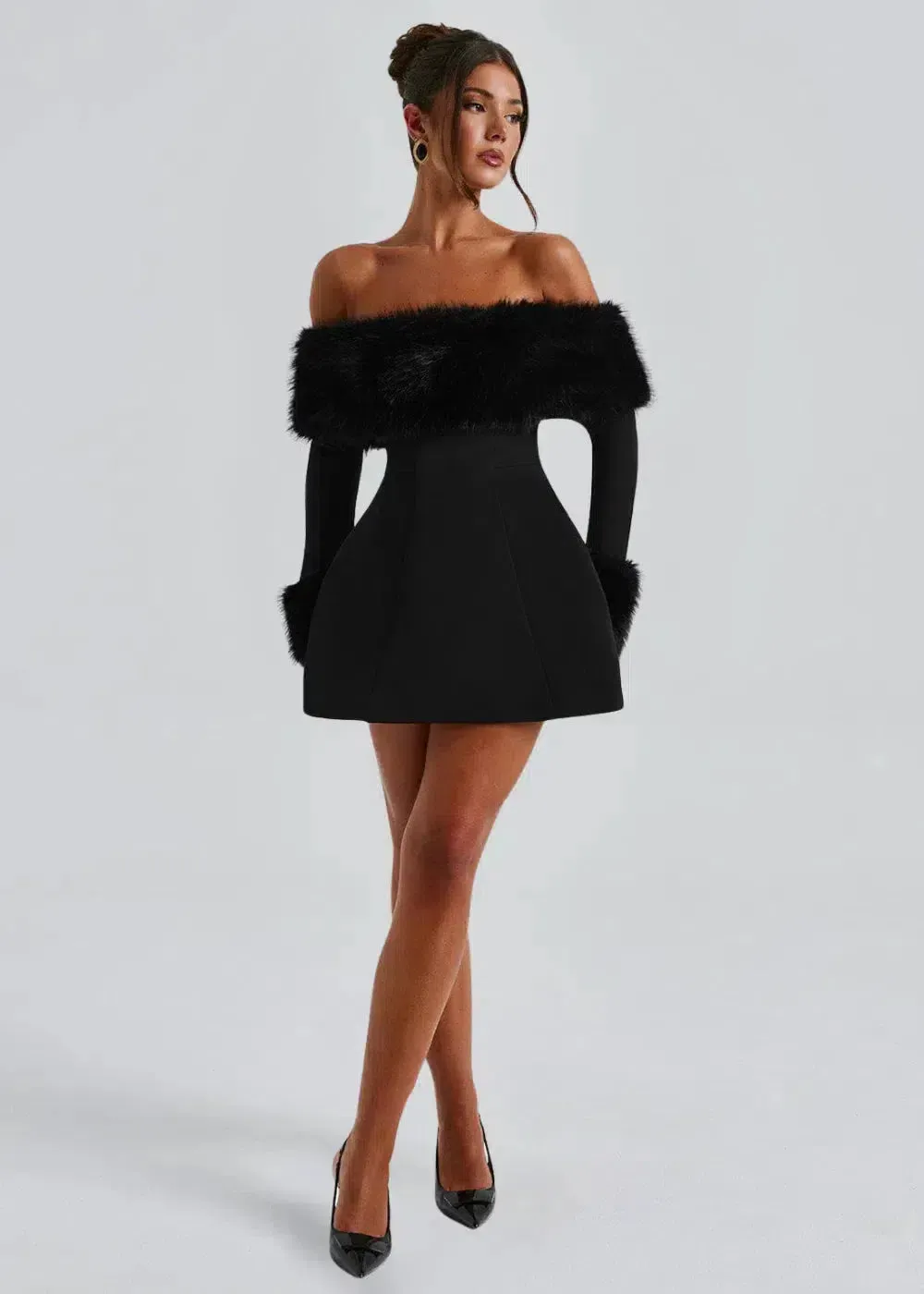 Mélisanne – Fur trim – Off-shoulder mini dress