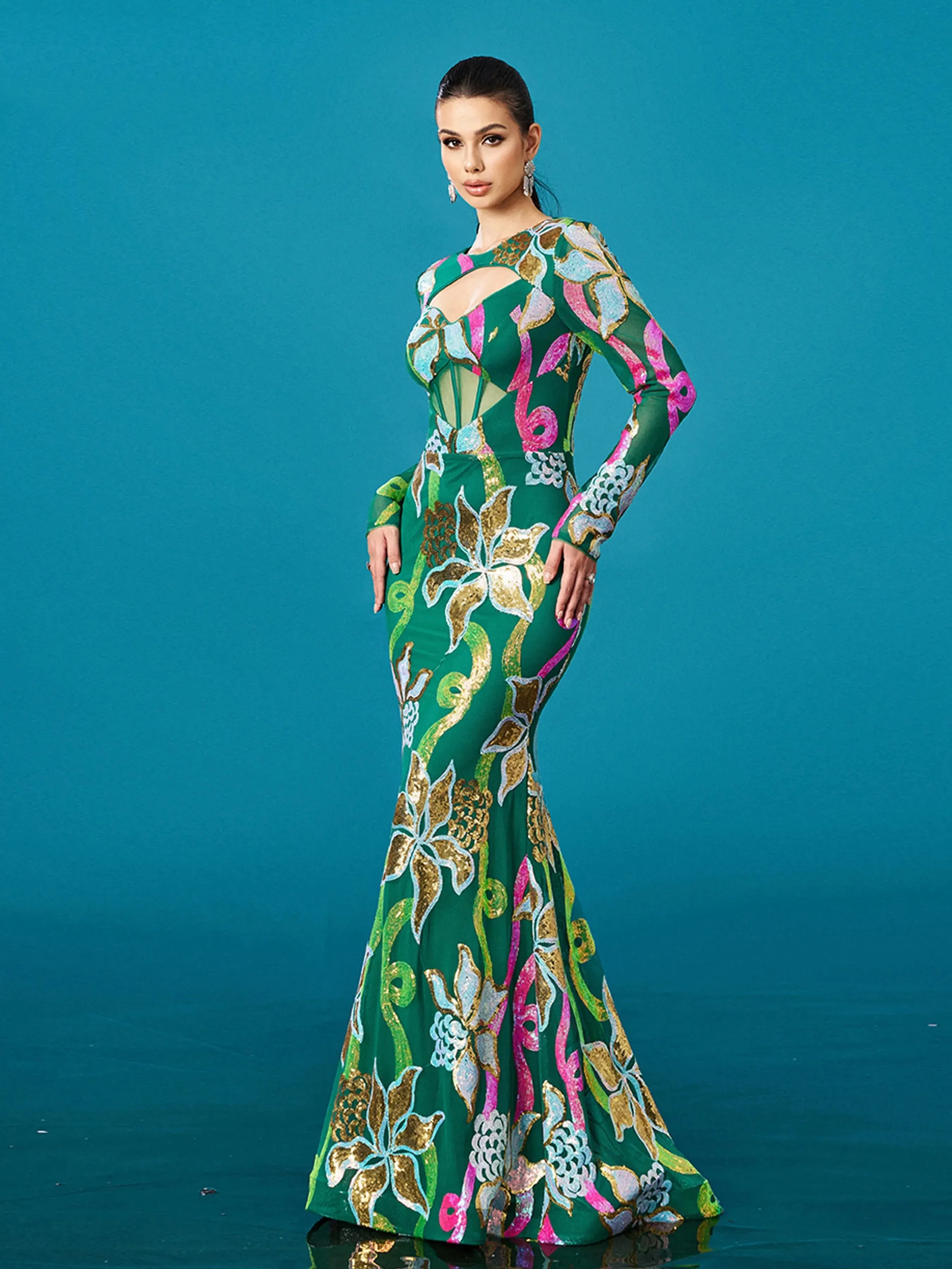 O Neck Long Sleeved Sequin Mermaid Evening Gown Formal Maxi Dress