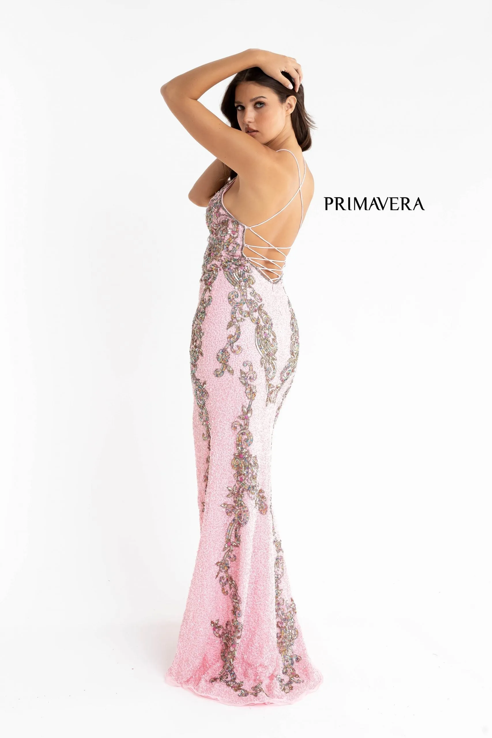 Primavera Couture 3211 Size 4 Platinum Sequin Prom Dress Pageant Gown Evening Formal Wear Side Slit