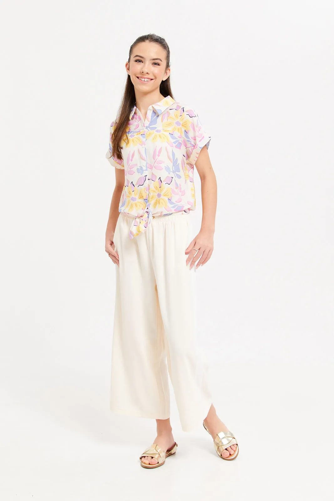 Senior Girls Cream Floral Front Tie Blouse