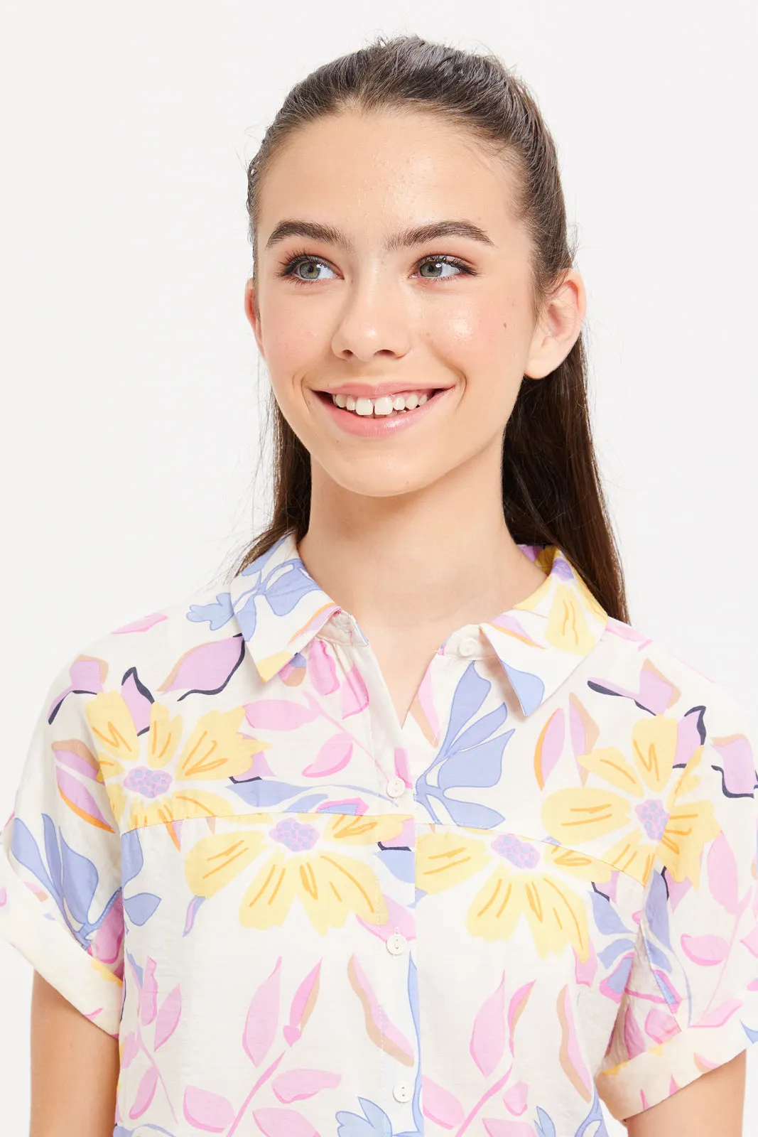 Senior Girls Cream Floral Front Tie Blouse