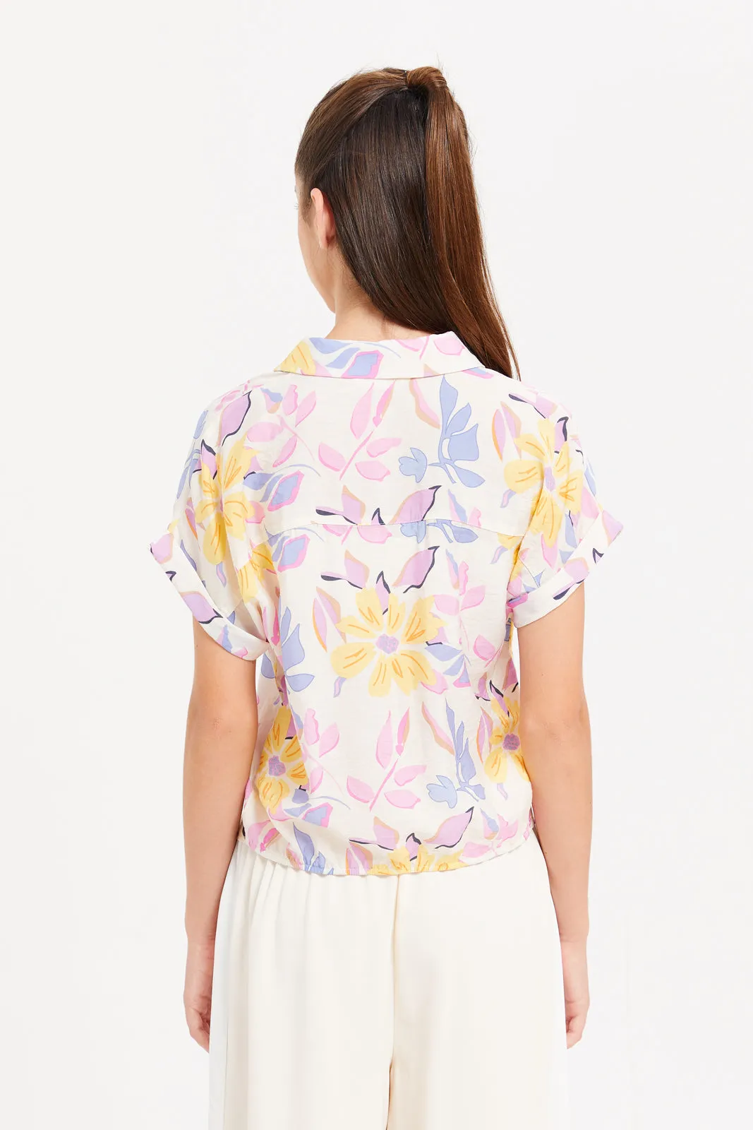 Senior Girls Cream Floral Front Tie Blouse