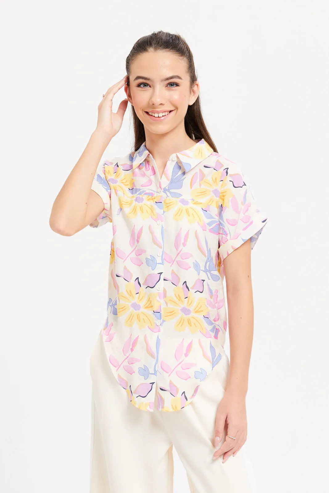 Senior Girls Cream Floral Front Tie Blouse