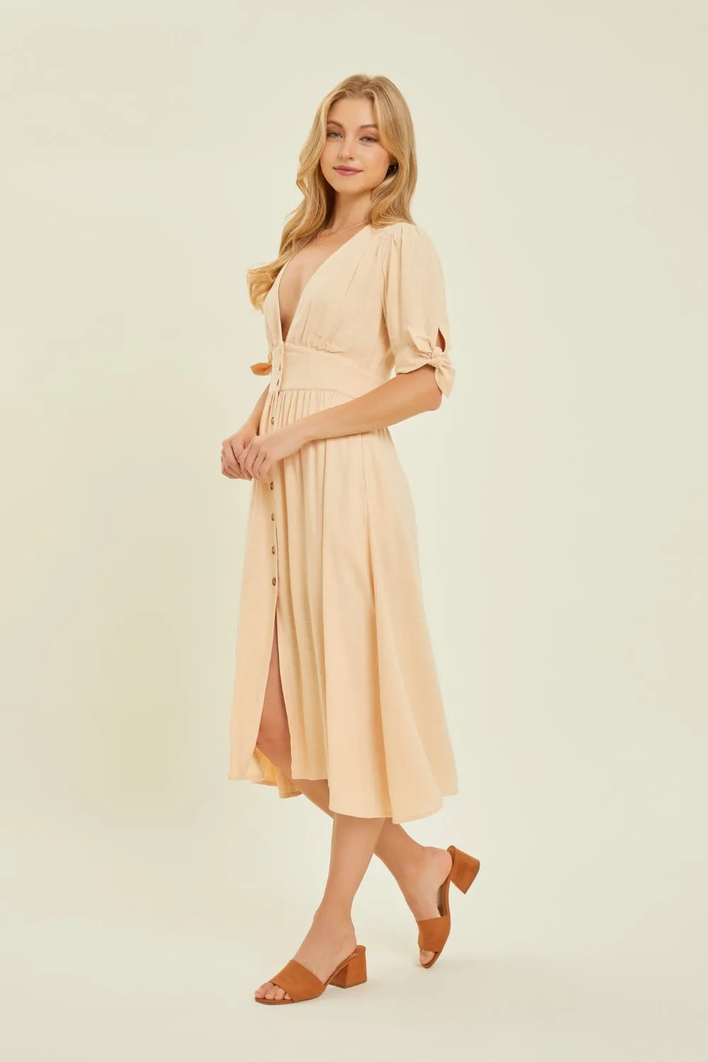 Textured Linen V-Neck Button-Down Midi Dress in Cream