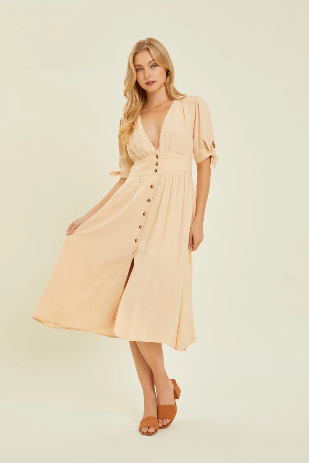 Textured Linen V-Neck Button-Down Midi Dress in Cream