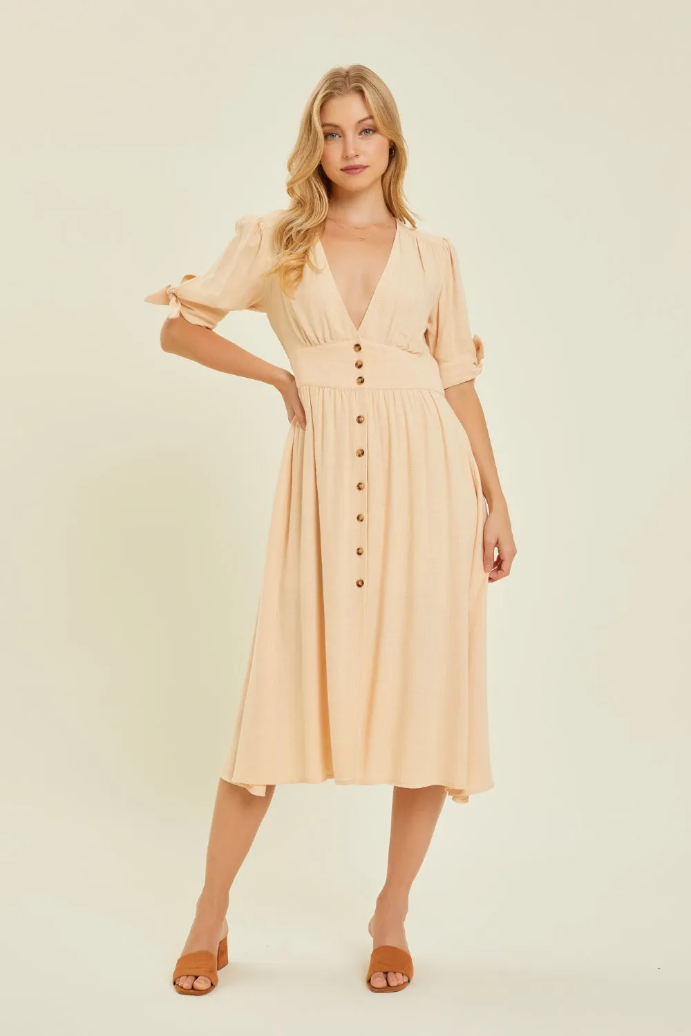 Textured Linen V-Neck Button-Down Midi Dress in Cream