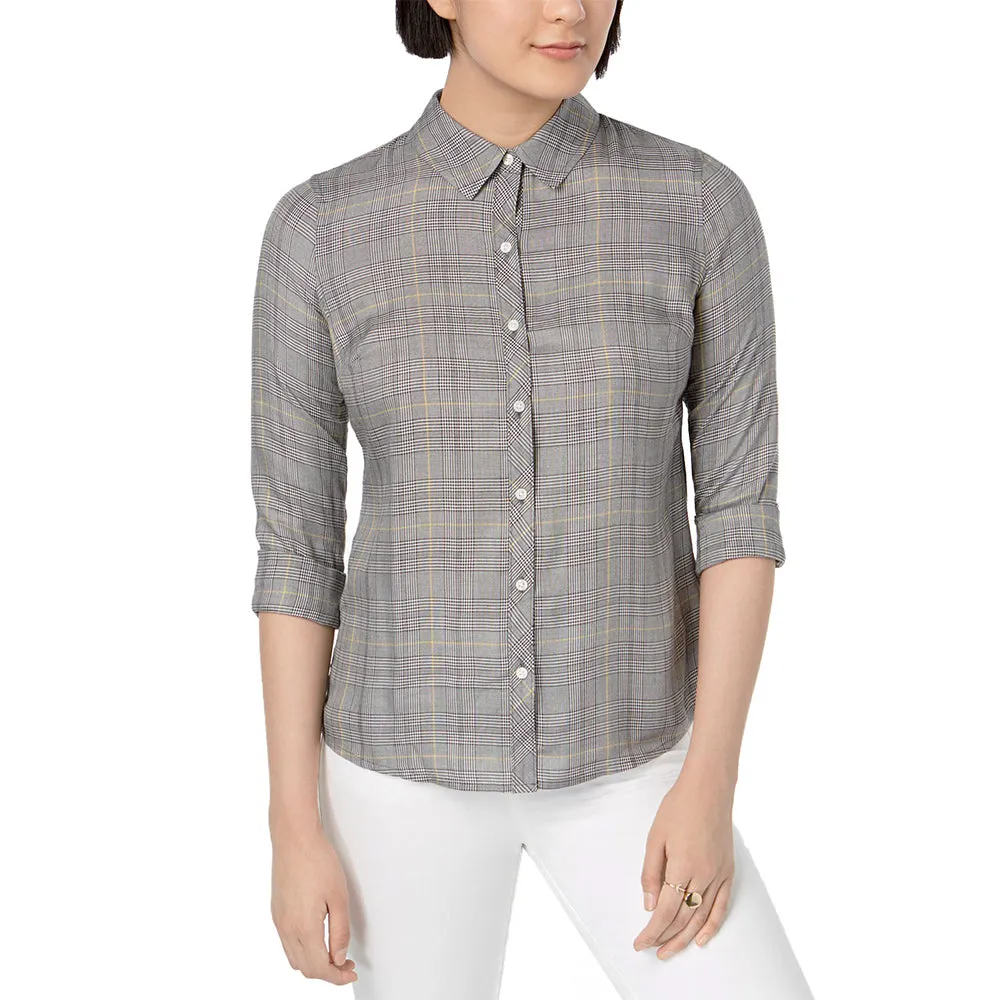 Women's Plaid Button Up Shirt,Grey